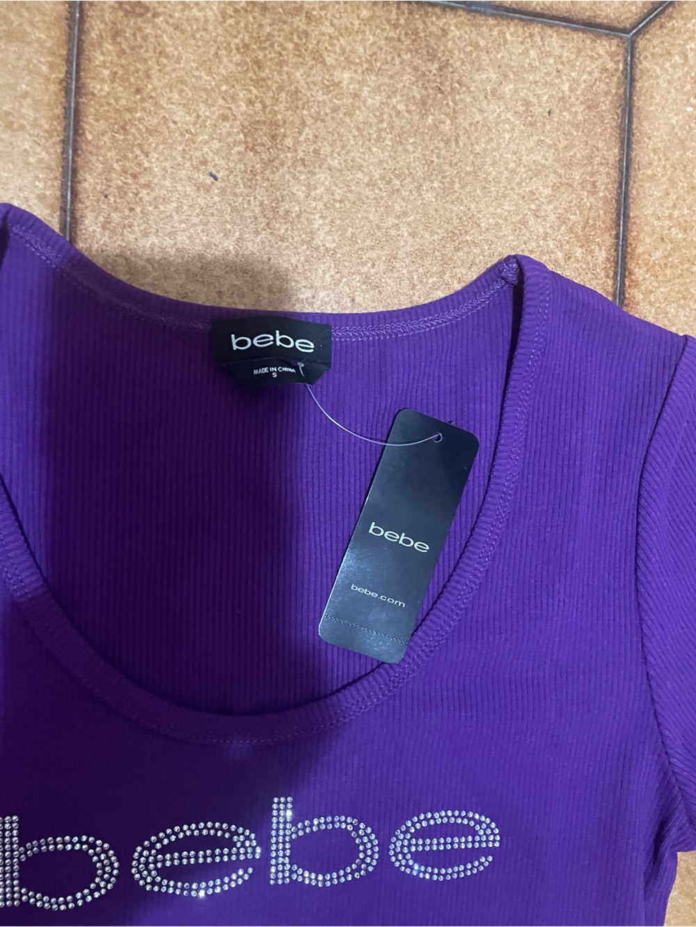 bebe Purple Short-Sleeve Ribbed One-Piece Bodysuit - Picture 2 of 3